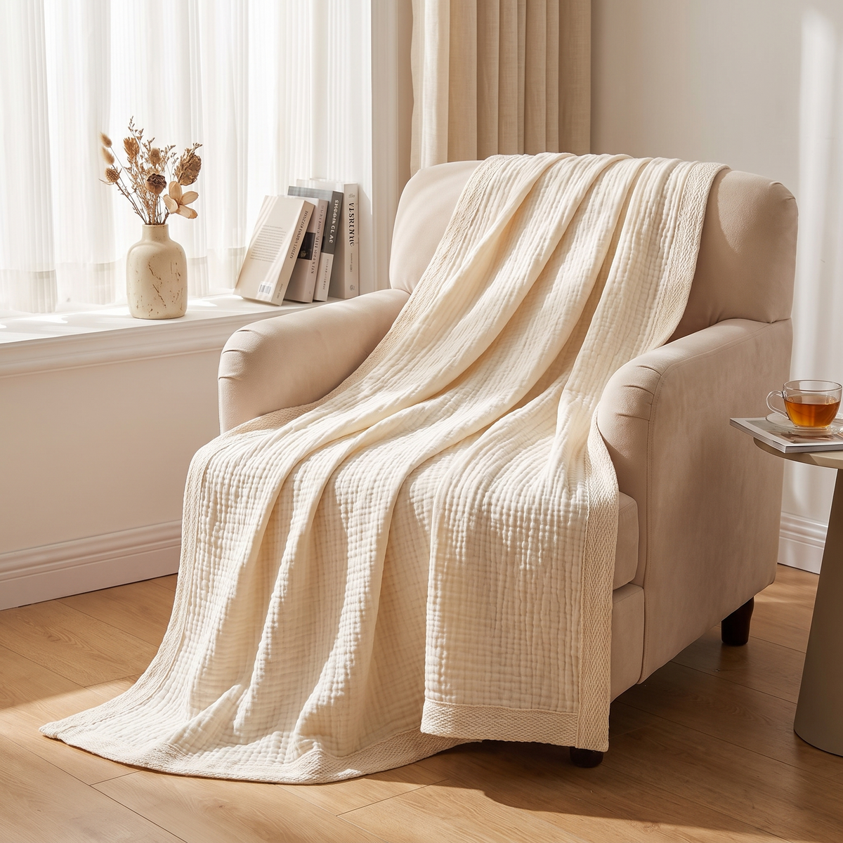 Muslin Cotton Multi-Layer Throw Blanket – draped over an armchair
