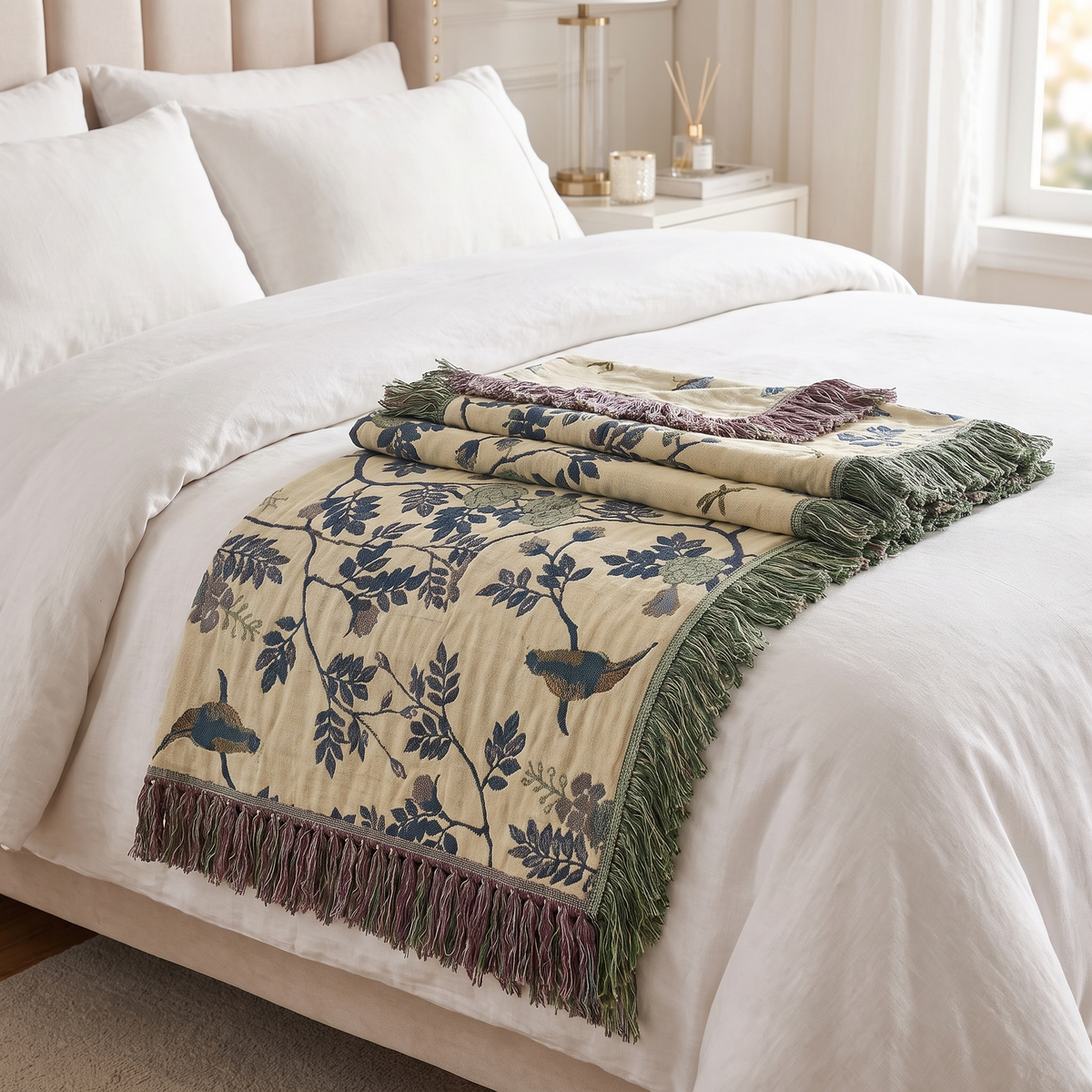 Ornate Multi-Layer Cotton Throw Blanket – folded on a bed