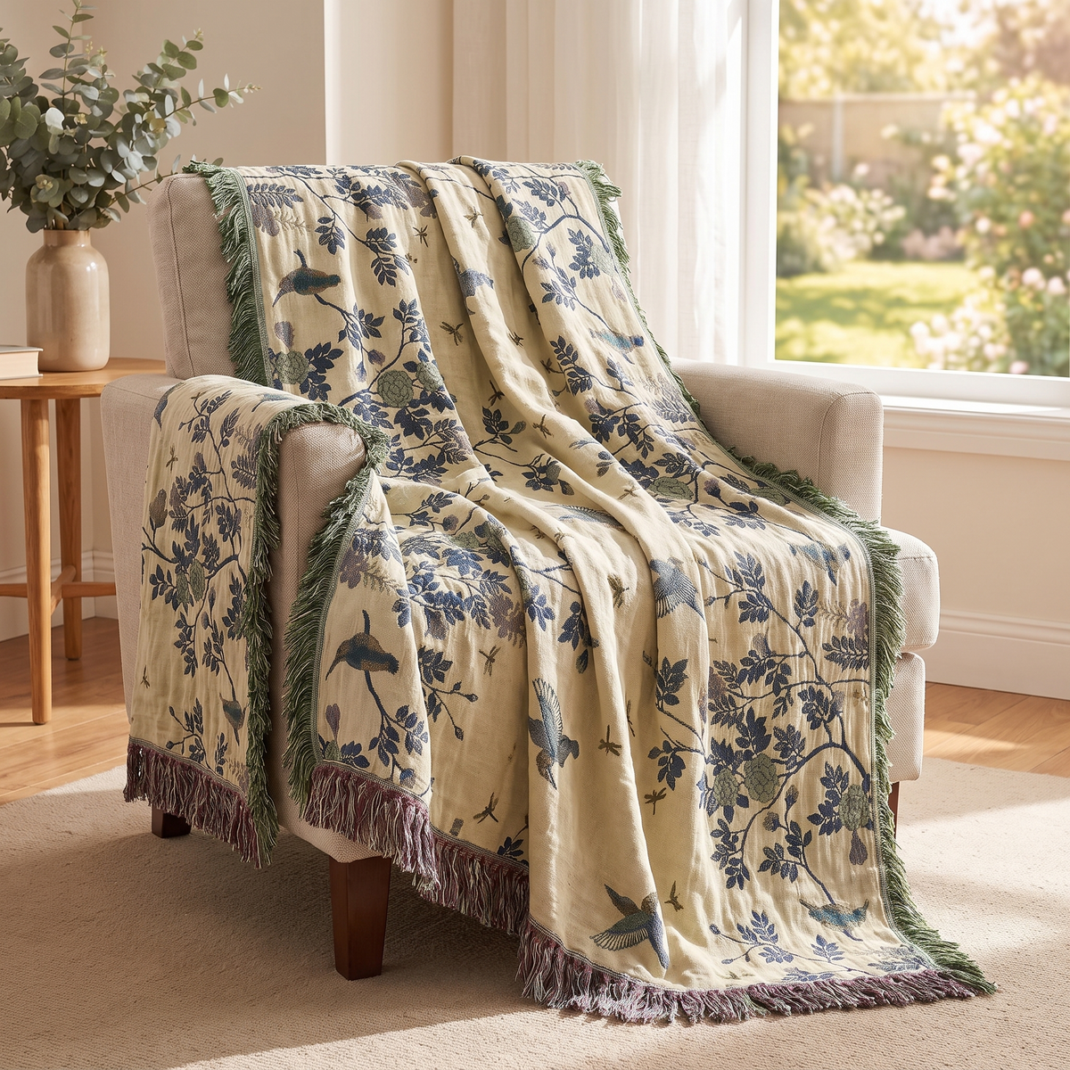 Ornate Multi-Layer Cotton Throw Blanket – draped over an armchair