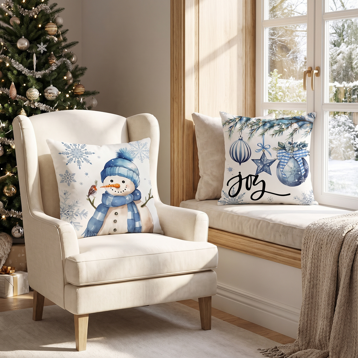 Blue Snowman Christmas Cushion Covers – Set of 4 – styled on an armchair