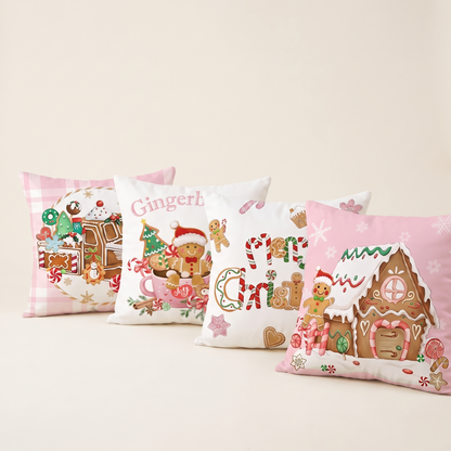 Pink Gingerbread Christmas Cushion Covers – Set of 4 – all designs side by side