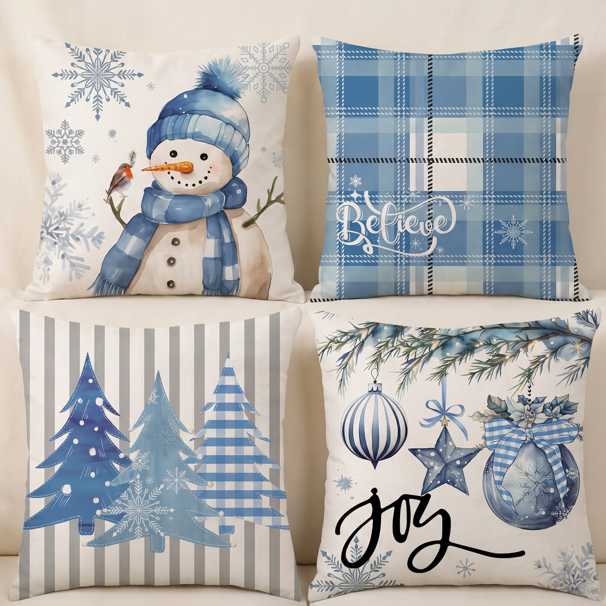 Blue Snowman Christmas Cushion Covers – Set of 4 – all designs side by side