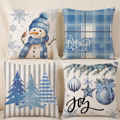 Blue Snowman Christmas Cushion Covers – Set of 4 – all designs side by side