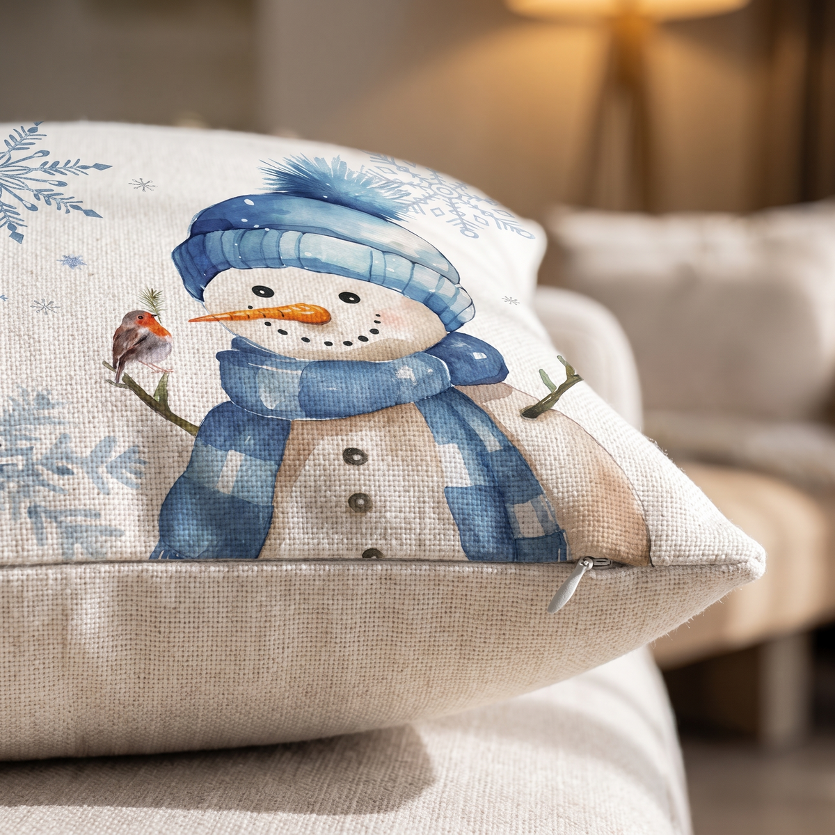 Blue Snowman Christmas Cushion Covers – Set of 4 – print close-up