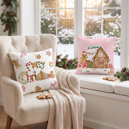 Pink Gingerbread Christmas Cushion Covers – Set of 4 – styled on an armchair