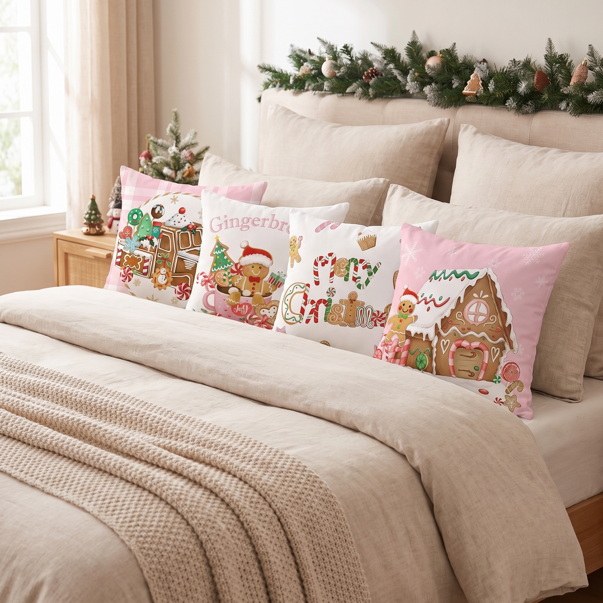 Pink Gingerbread Christmas Cushion Covers – Set of 4 – styled on a bed
