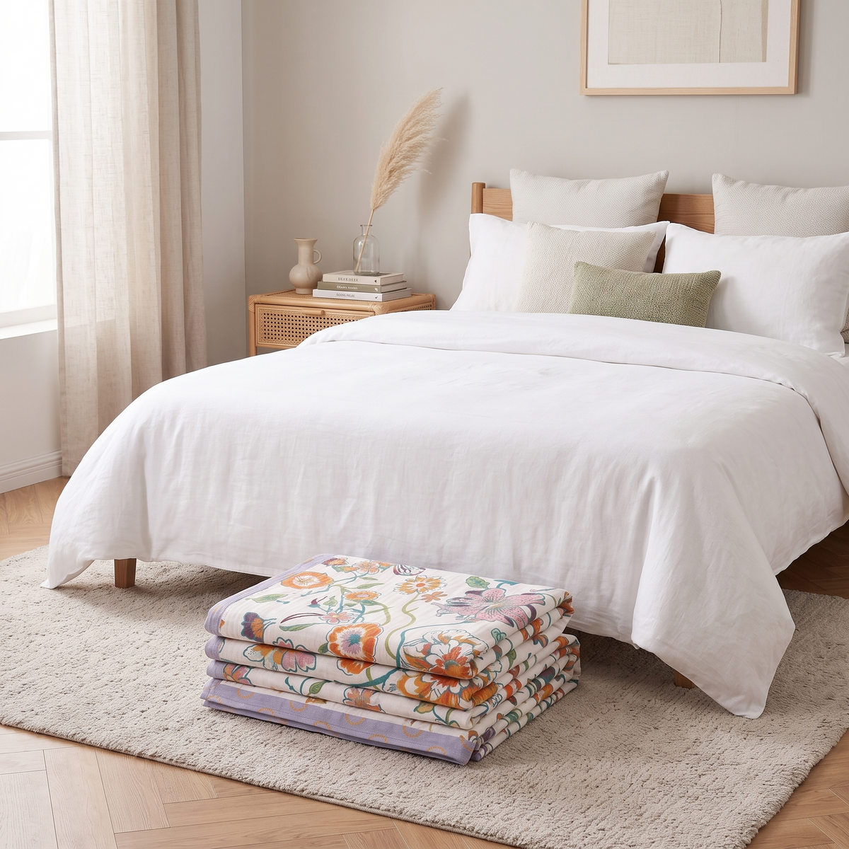 Wildflower Botanical Cotton Throw Blanket – folded on a bed