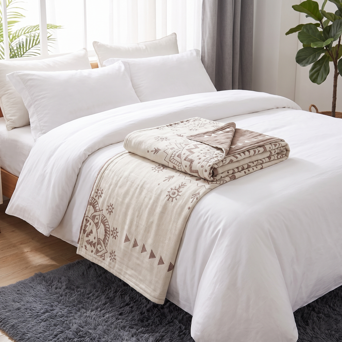 Mandala Reversible Cotton Throw Blanket – folded on a bed