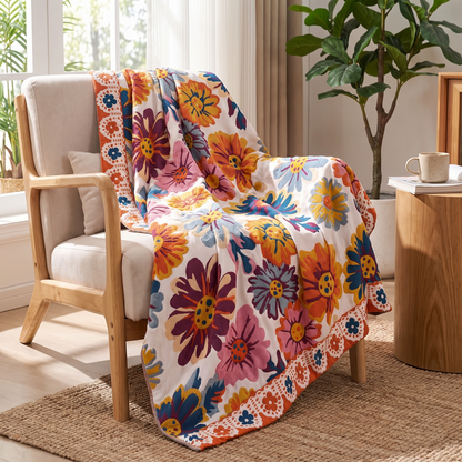 Bright Flower Cotton Throw Blanket – draped over an armchair