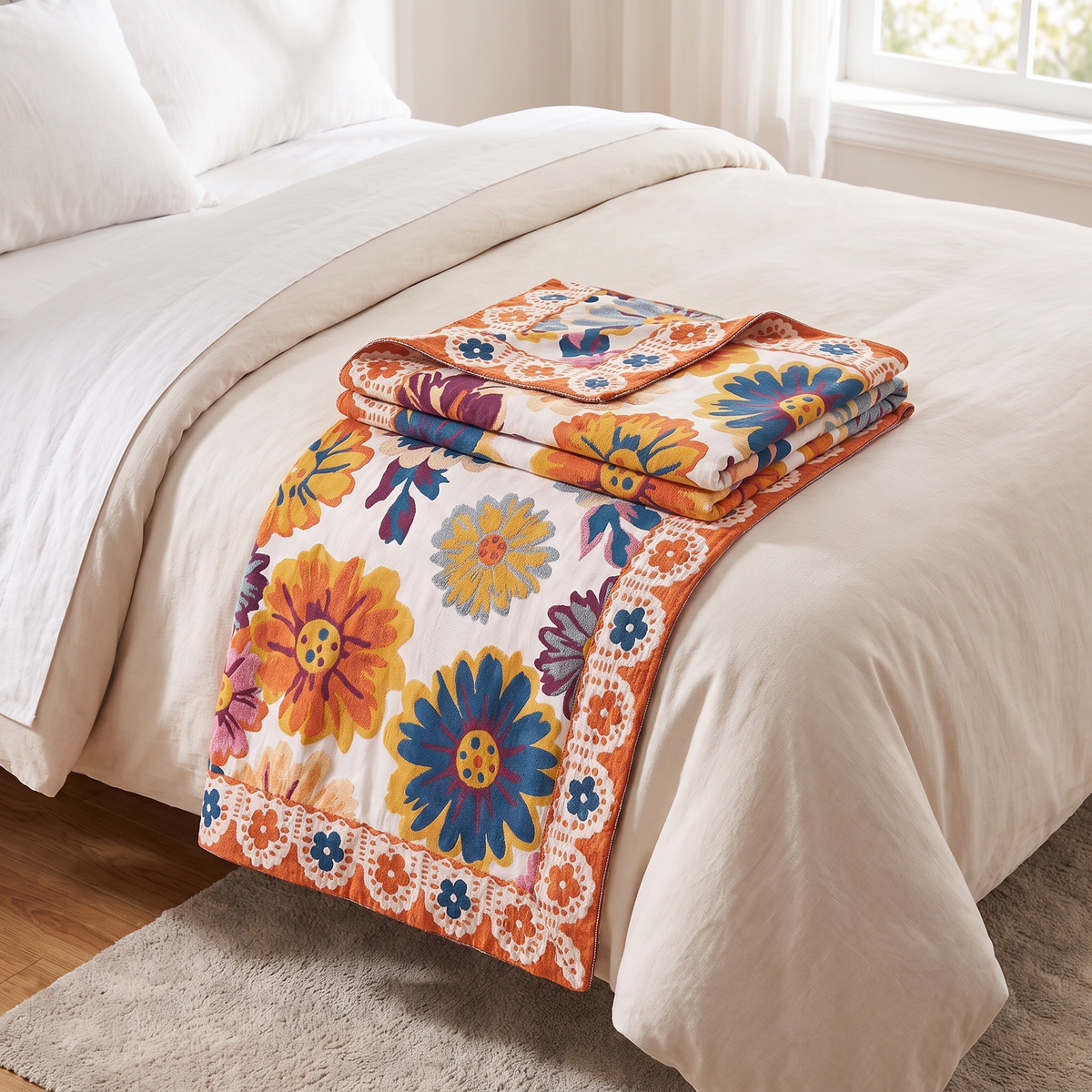 Bright Flower Cotton Throw Blanket – folded on a bed