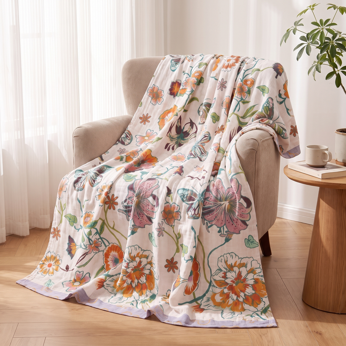 Wildflower Botanical Cotton Throw Blanket – draped over an armchair