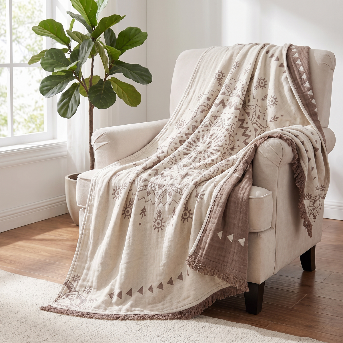 Mandala Reversible Cotton Throw Blanket – draped over an armchair