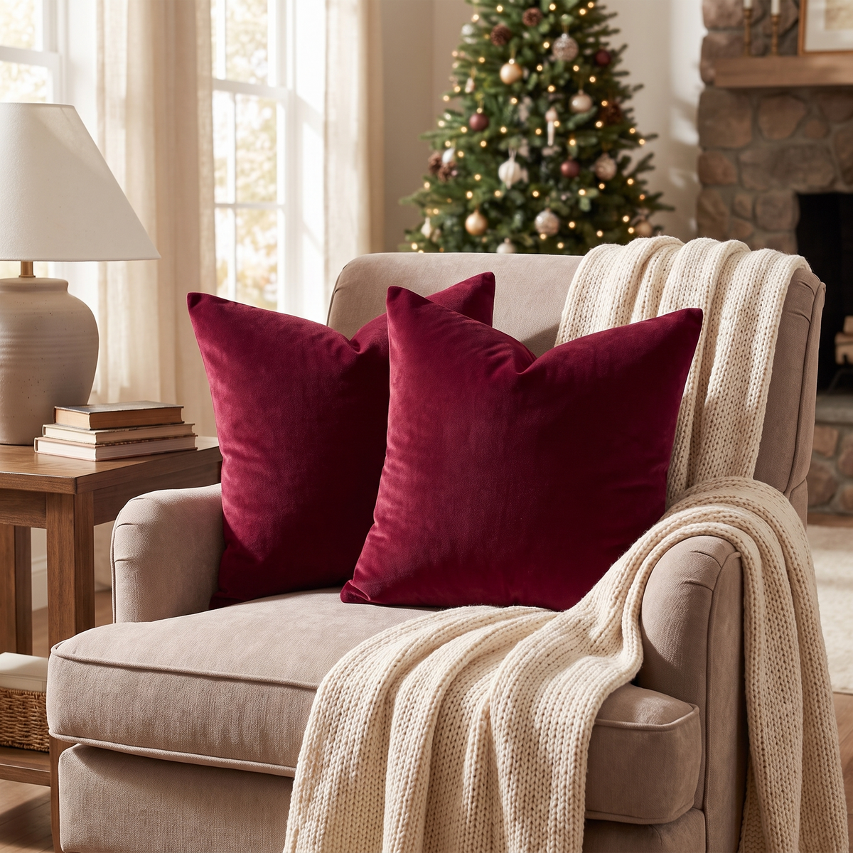 Luxe Velvet Christmas Cushion Cover – Wine Red – styled on an armchair