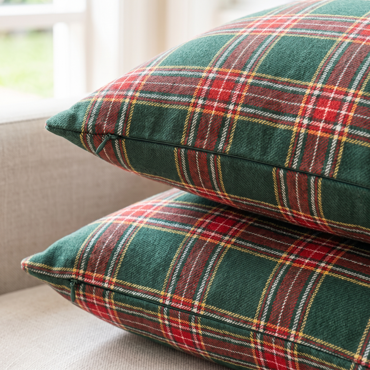 Christmas Plaid Cushion Cover – Green & Red – pattern and fabric close-up