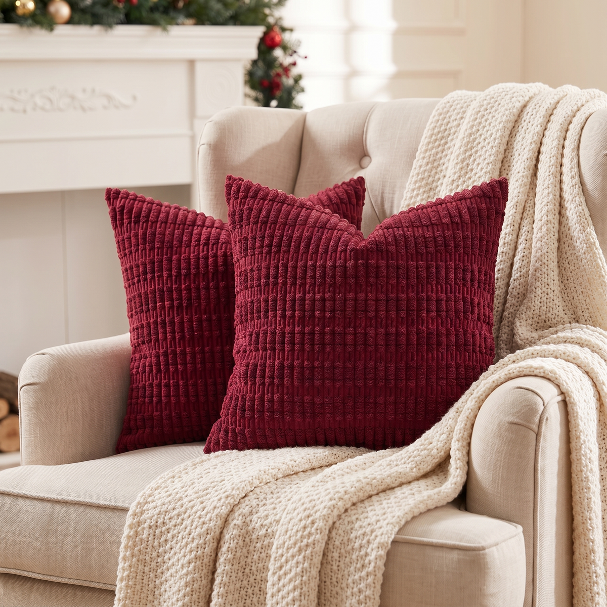 Plush Corduroy Christmas Cushion Cover – Burgundy – styled on an armchair