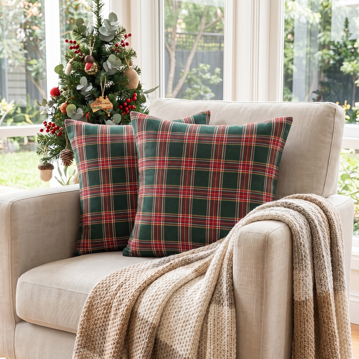 Christmas Plaid Cushion Cover – Green & Red – styled on an armchair