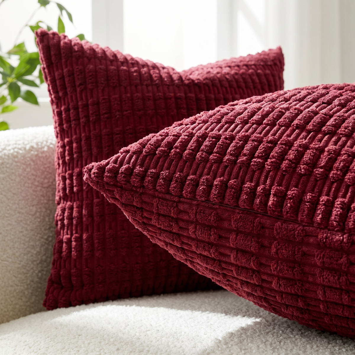 Plush Corduroy Christmas Cushion Cover – Burgundy – pattern and fabric close-up