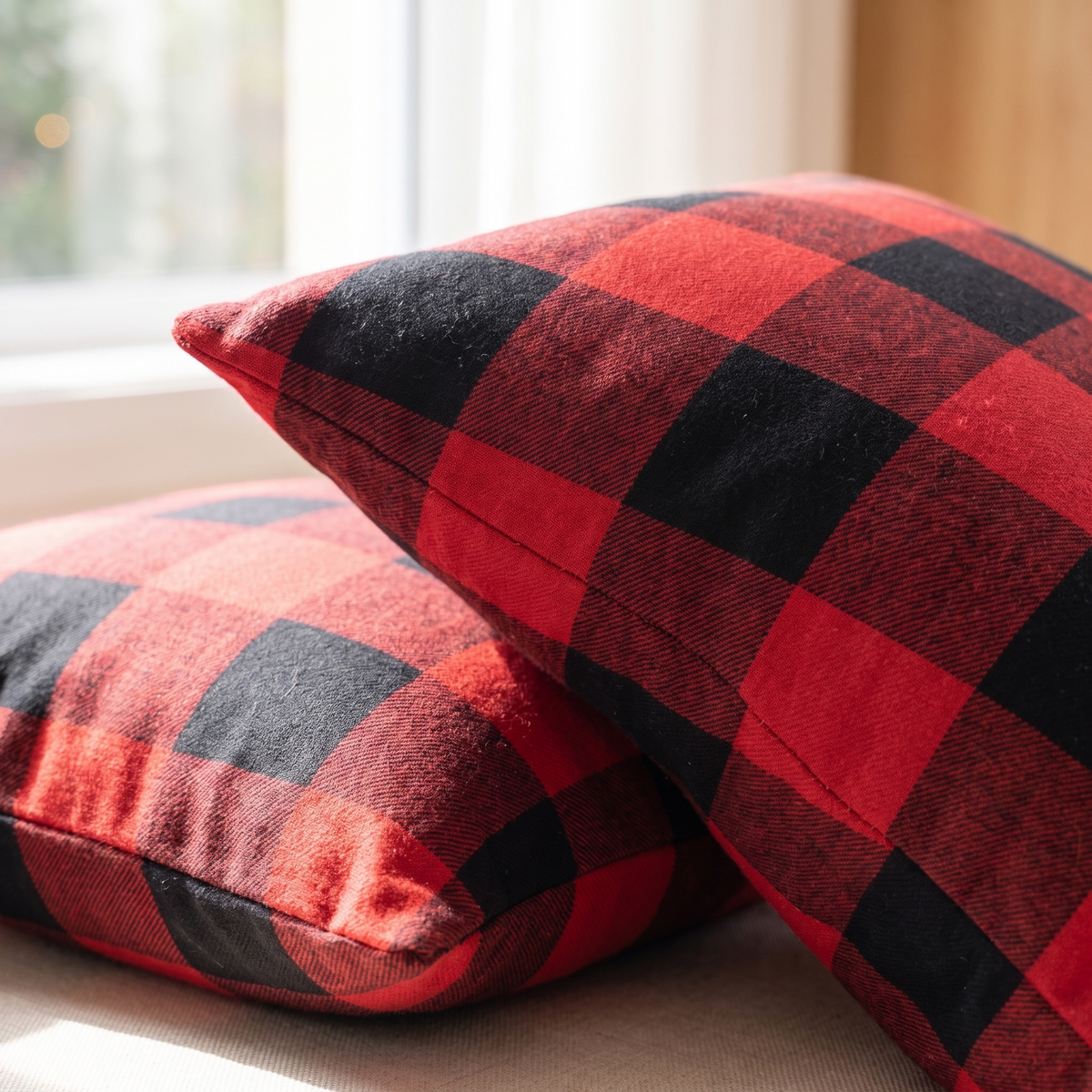 Buffalo Plaid Christmas Cushion Cover – Red & Black – pattern and fabric close-up