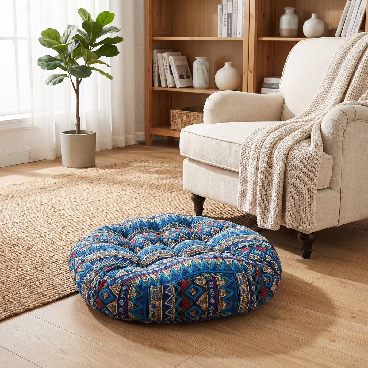 Round Boho Floor Cushion – Natural Beige – styled in a second room
