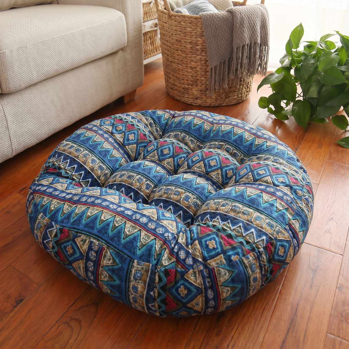 Round Boho Floor Cushion – Natural Beige – three-quarter angle