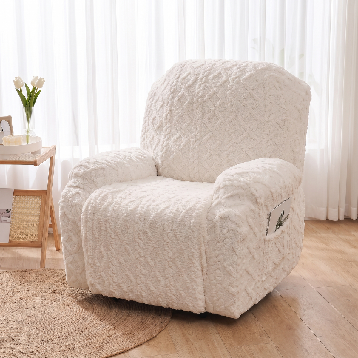 Jacquard Stretch Recliner Sofa Cover – Grey – three-quarter view showing fit