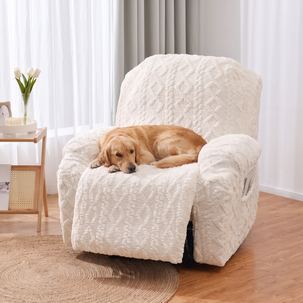 Jacquard Stretch Recliner Sofa Cover – Grey – with a dog on the sofa