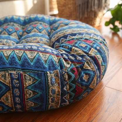 Round Boho Floor Cushion – Natural Beige – fabric close-up