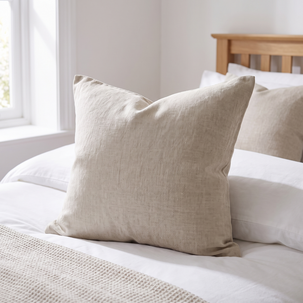 Plush Luxe Cushion Insert – Extra Plump – inside a cover on a bed