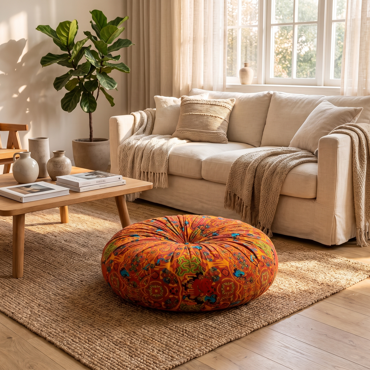 Bohemian Embroidered Floor Cushion – Cream – styled in a second room