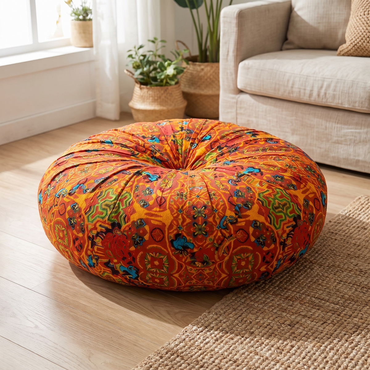Bohemian Embroidered Floor Cushion – Cream – three-quarter angle
