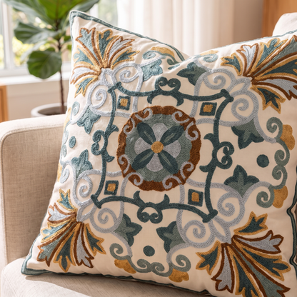 Embroidered Vintage Cushion Cover – pattern and fabric close-up