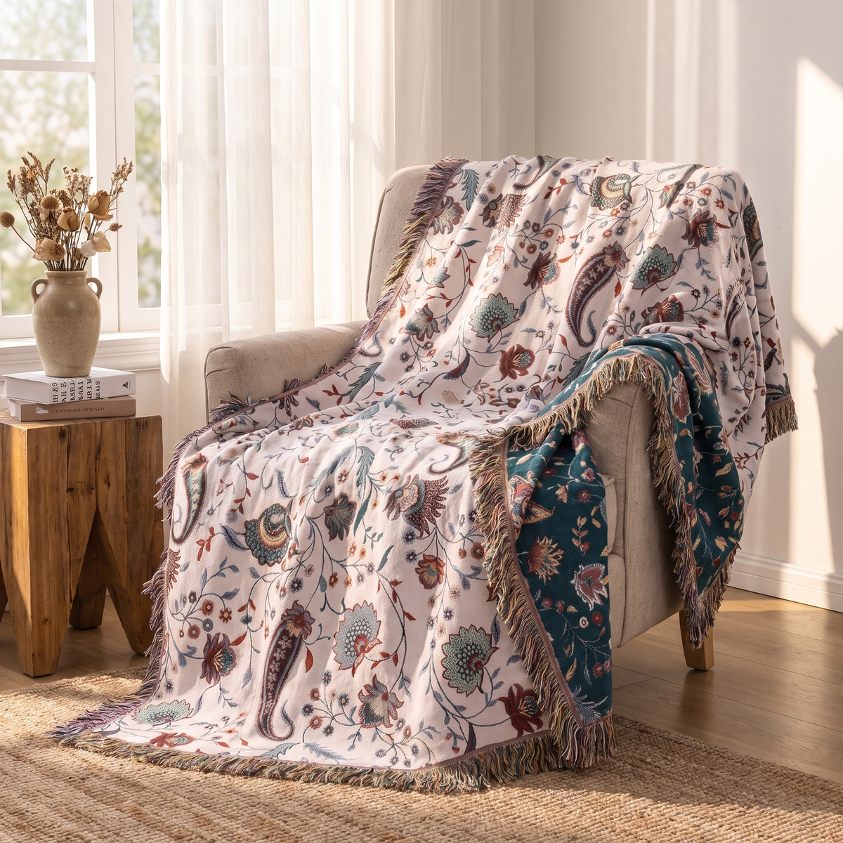 Vintage Reversible Soft Cotton Throw Blanket – draped over an armchair