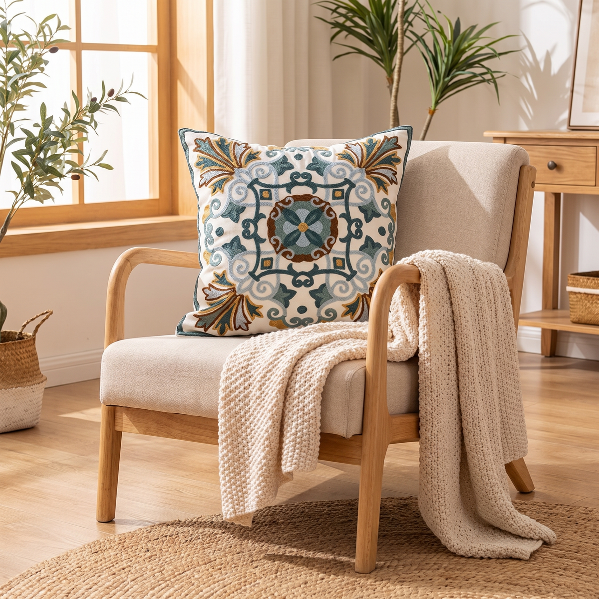 Embroidered Vintage Cushion Cover – styled on an armchair