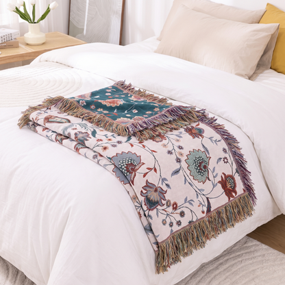 Vintage Reversible Soft Cotton Throw Blanket – folded on a bed