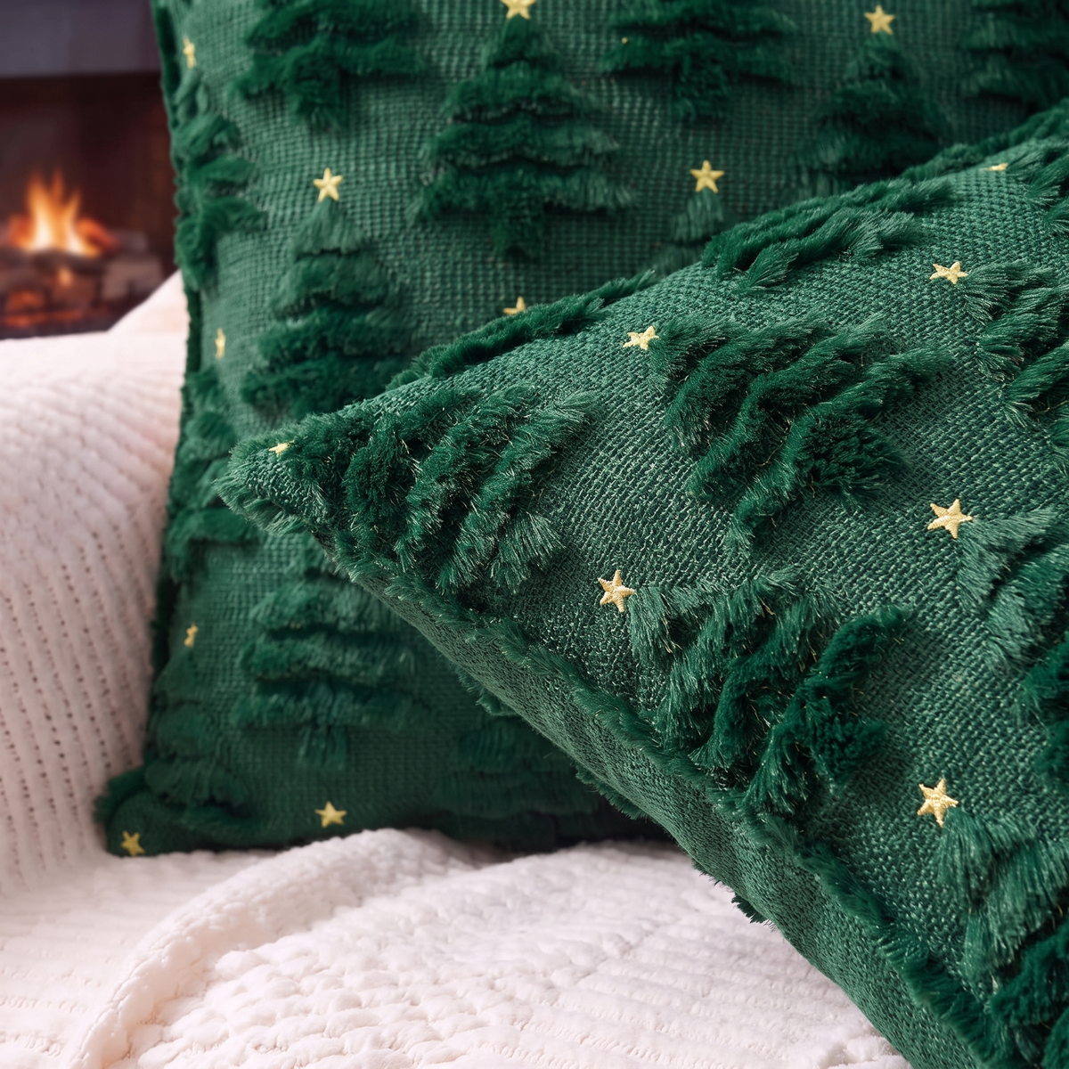 Christmas Tree Cushion Cover – Green – pattern and fabric close-up