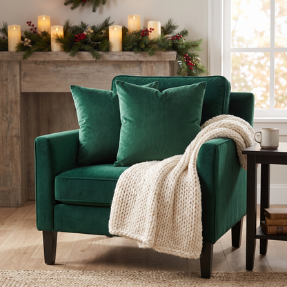 Luxe Velvet Christmas Cushion Cover – Emerald Green – styled on an armchair
