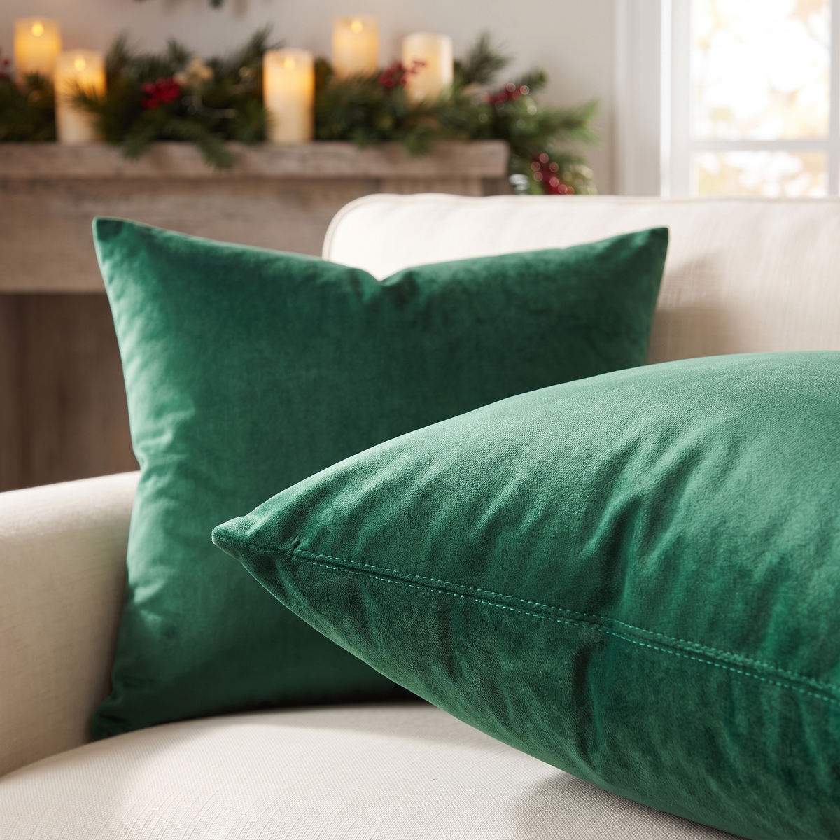 Luxe Velvet Christmas Cushion Cover – Emerald Green – pattern and fabric close-up