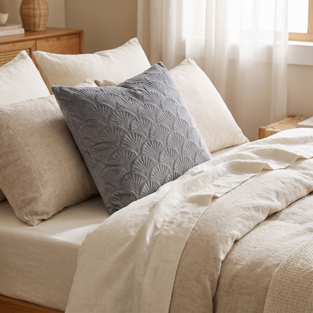 Velvet Shell Cushion Cover – Coastal – styled on a bed
