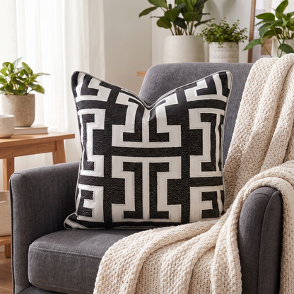 Geometric Jacquard Cushion Cover – styled on an armchair