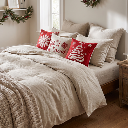 Let It Snow Christmas Cushion Covers – Set of 4 – styled on a bed