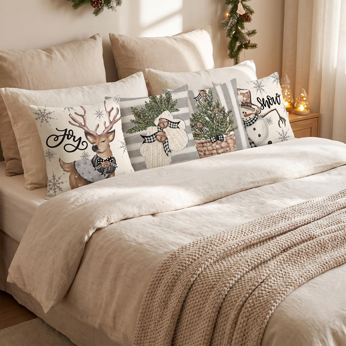 Snowman & Eucalyptus Christmas Cushion Covers – Set of 4 – styled on a bed