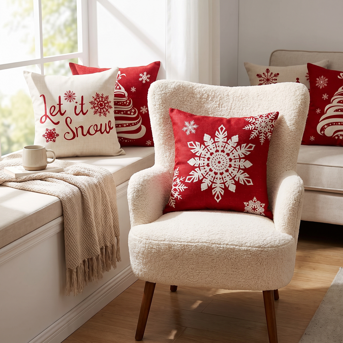 Let It Snow Christmas Cushion Covers – Set of 4 – styled on an armchair