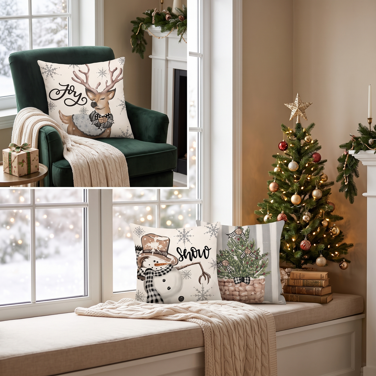Snowman & Eucalyptus Christmas Cushion Covers – Set of 4 – styled on an armchair