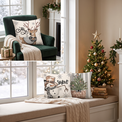 Snowman & Eucalyptus Christmas Cushion Covers – Set of 4 – styled on an armchair