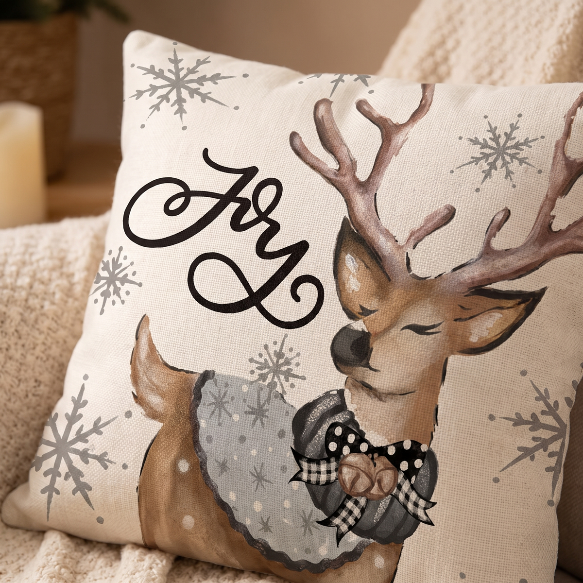Snowman & Eucalyptus Christmas Cushion Covers – Set of 4 – print close-up