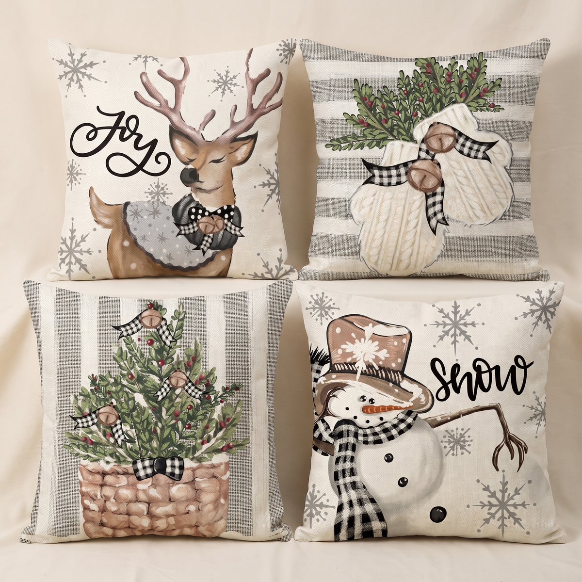 Snowman & Eucalyptus Christmas Cushion Covers – Set of 4 – all designs side by side