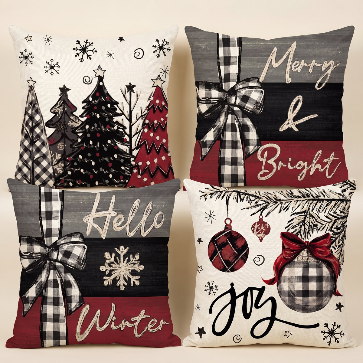 Red Merry Christmas Joy Cushion Covers – Set of 4 – all designs side by side