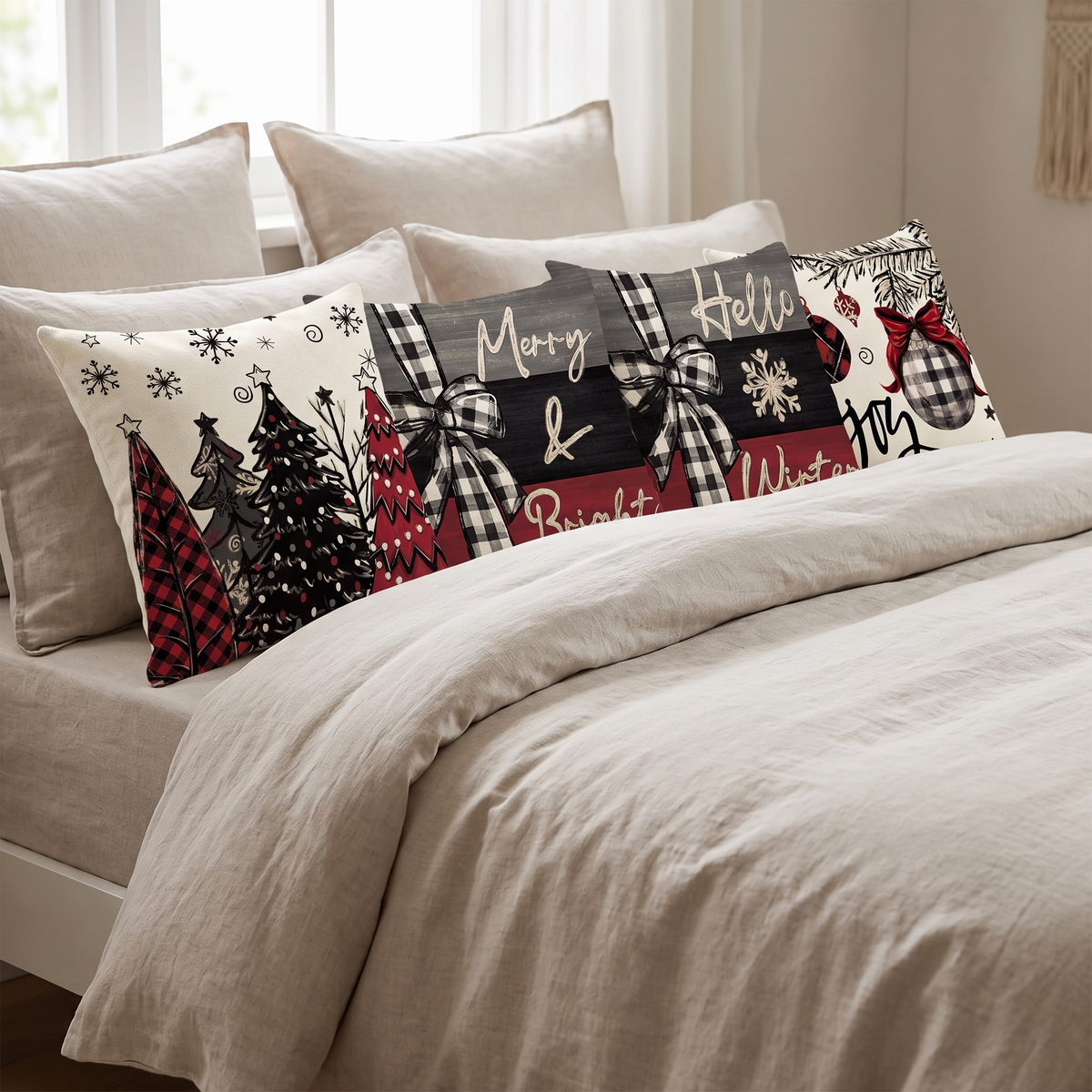 Red Merry Christmas Joy Cushion Covers – Set of 4 – styled on a bed