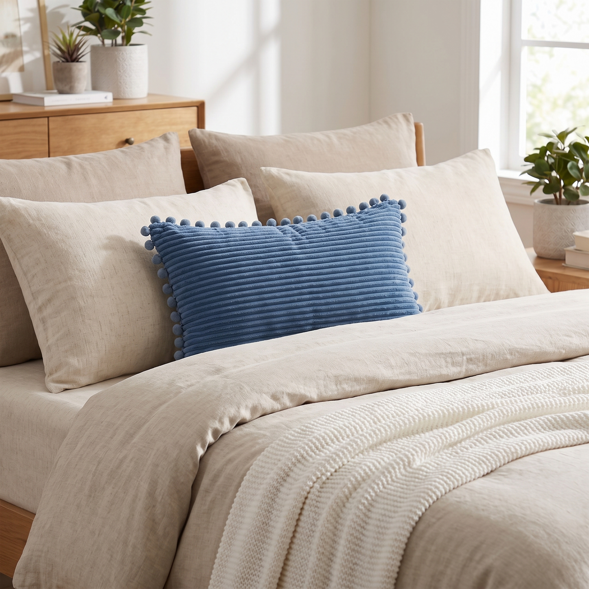 Ribbed Pom-Pom Cushion Cover – styled on a bed
