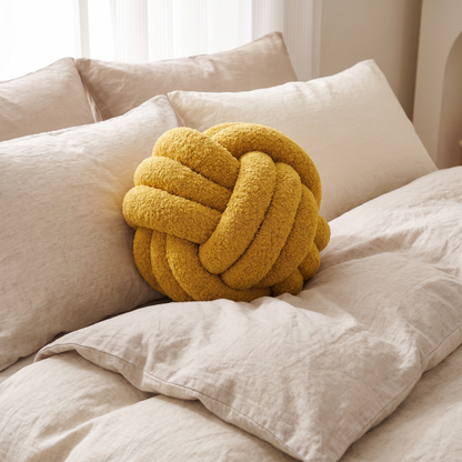 Knotted Boucle Cushion – styled on a bed